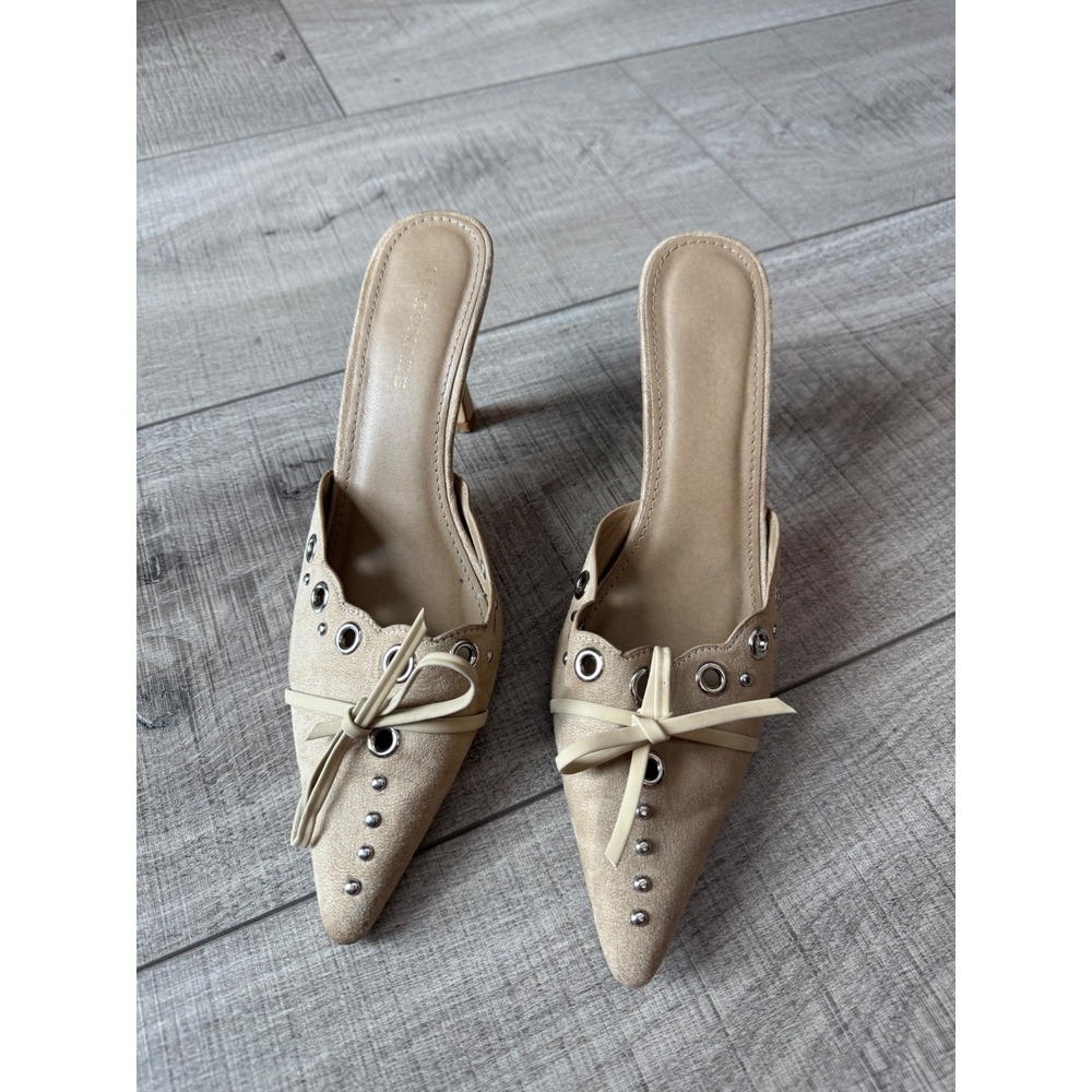 Lemonade Tan Faux Suede Studded Bow Pointed Toe Mules Stiletto Heels Size 7